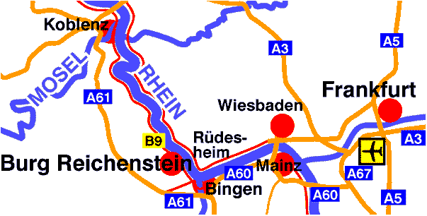 Landkarte Burg Reichenstein bei Trechtingshausen am Rhein zwischen Rdesheim, Bingen und Bacharach